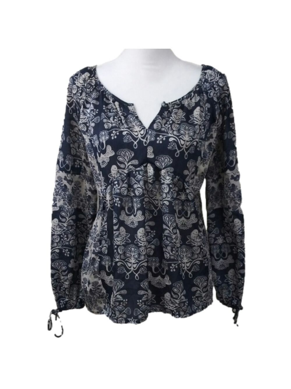 Princess Vera Wang Blue Floral Bird Print Keyhole Neckline Long Sleeve Sheer Top